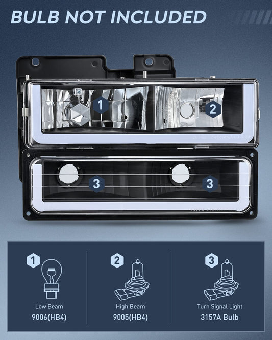 Headlight Assembly 1988 1989 1990 1991 1992 1993 1994 1995 1996 1997 Chevrolet GMC C10 C/K 1988-1999 Silverado Suburban Sierra Blazer Tahoe Yukon DRL Headlight Assembly Black Housing