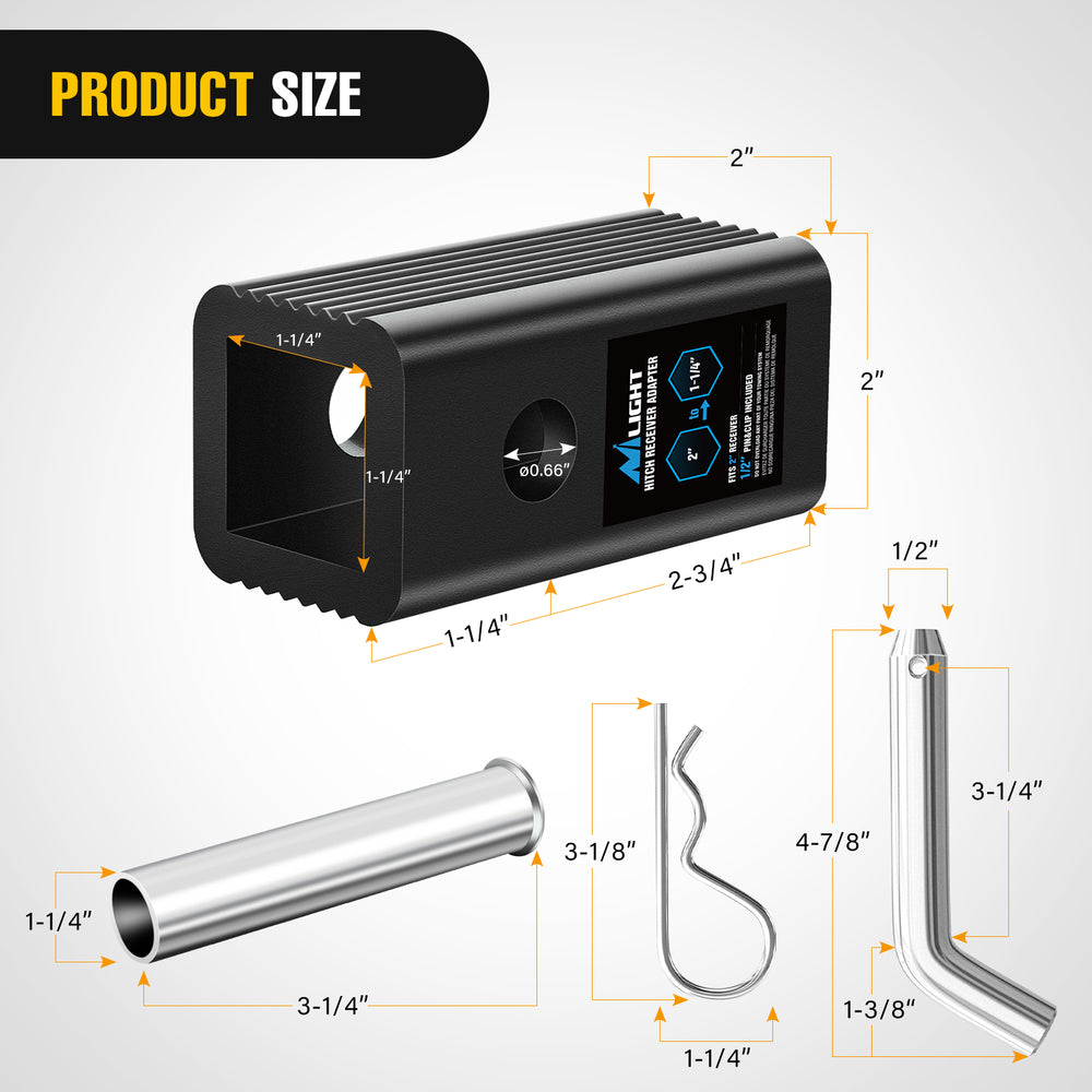 Nilight Trailer Hitch Receiver Extender Adapter Reducer 2 to 1-1/4 Inch Sleeve Convertor Receiver Aluminum Towing Accessories for Tractor Bucket RV Truck Bike Rack Cargo Carriers