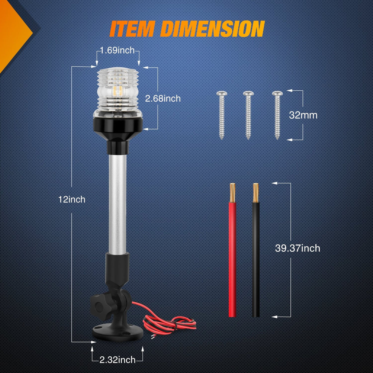 LED Work Light 12 Inch White Folding Stern Light for Marine Boats
