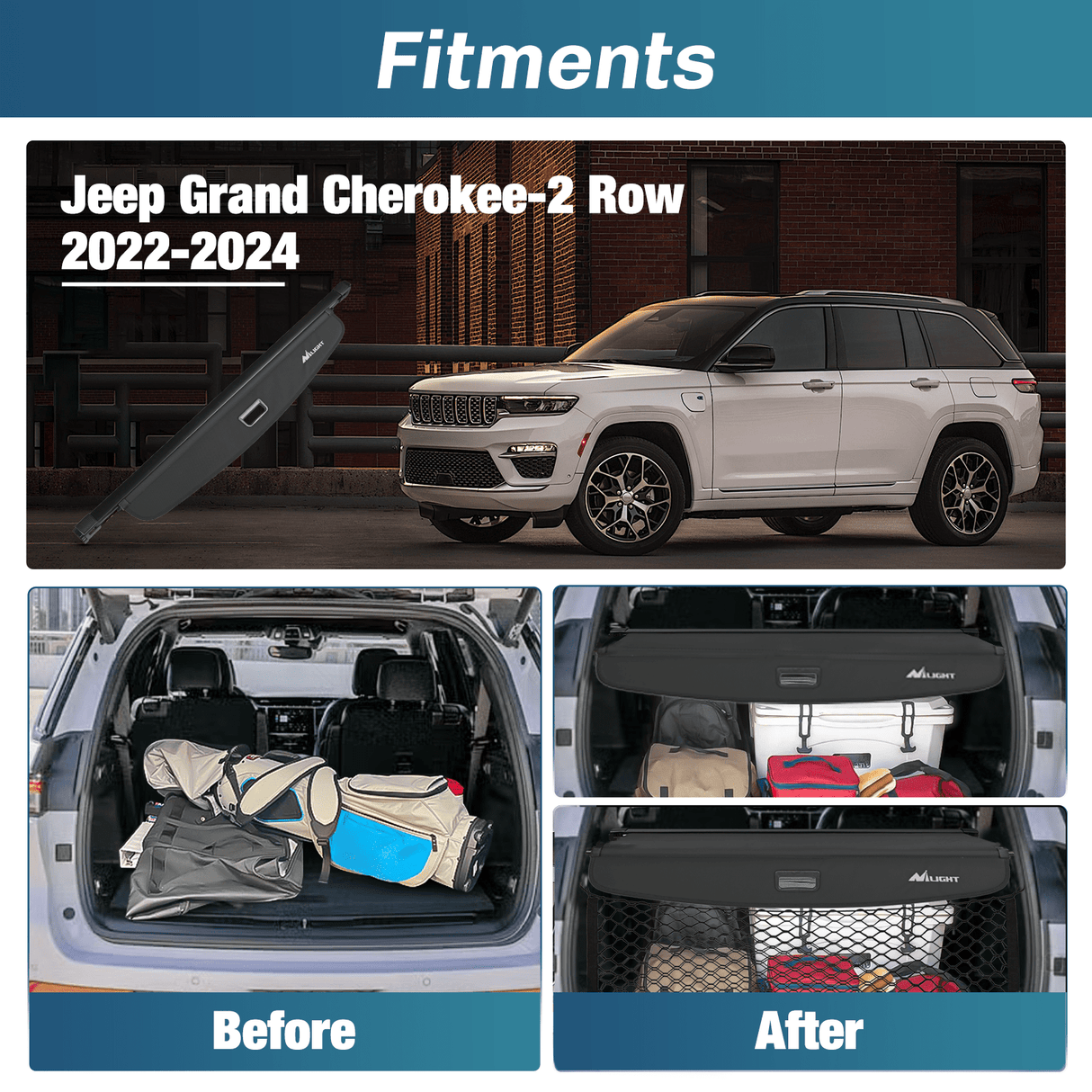 Trunk Cargo Cover 2022 2023 2024 Jeep Grand Cherokee 2 Row WL Trunk Cargo Cover