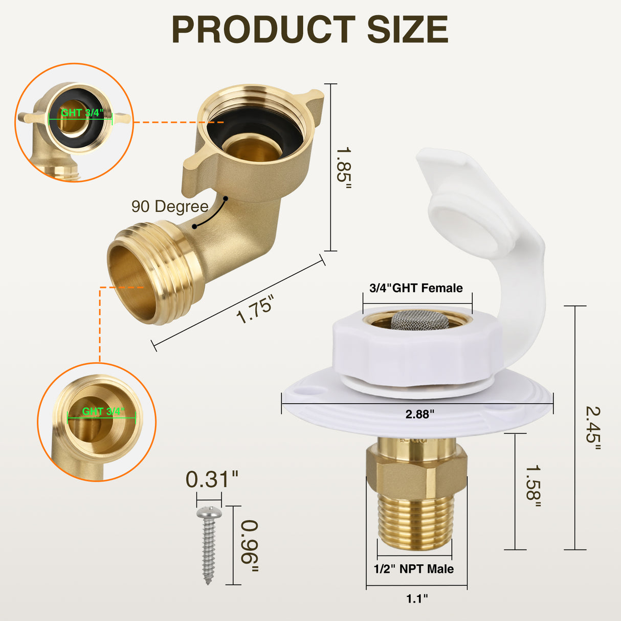 RV City Water Inlet with Check Valve & 90 Degree Hose Elbow 1/2Inch NPT Male to 3/4Inch GHT Female City Water Fill Inlet Flange Connection Fittings Connector Replacement for RV Camper Trailer Marine