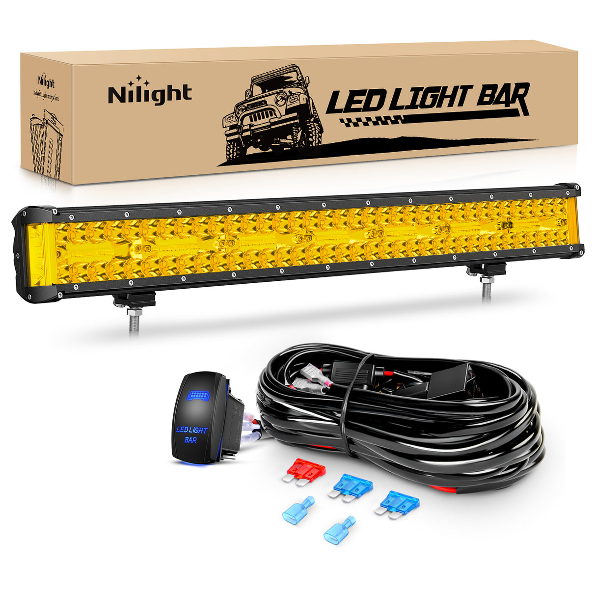 Nilight Side Shooter Light Bar 12Inch Triple Row Spot Flood Combo Yellow Beam Work Lights with 5Pin Rocker Switch Wiring Harness Kit for Off-Road Lighting on Truck SUV ATV UTV