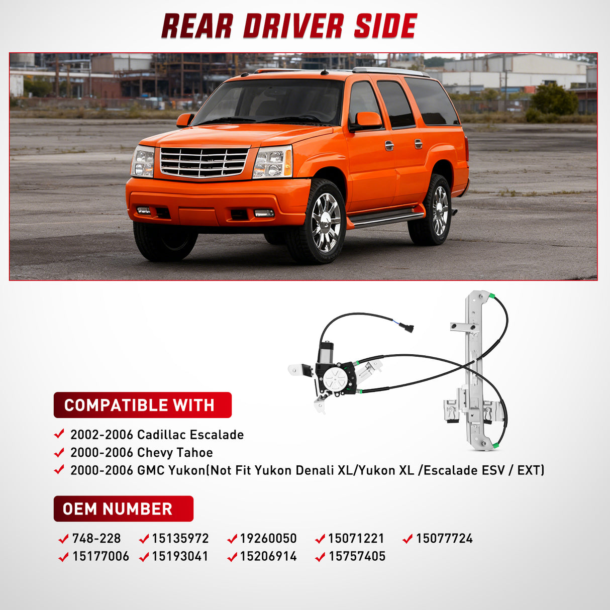 Power Window Regulator with Motor Rear Driver Side,Compatible with Cadillac Escalade/Chevy Tahoe/GMC Yukon 2002 2003 2004 2005 2006,Rear Left,748-228