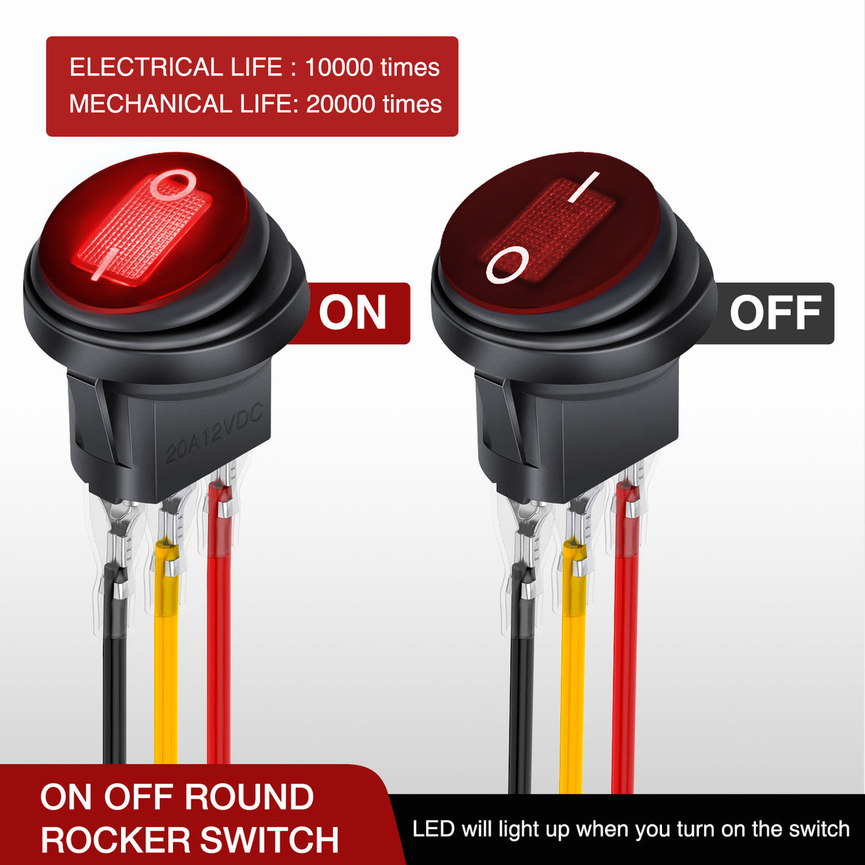 Nilight 5Pcs Waterproof Round Rocker Toggle Red LED Switch 12V 20A 3 Pin ON Off SPST for Car Truck Boat Marine Automotive RV with Locked Terminal Wires