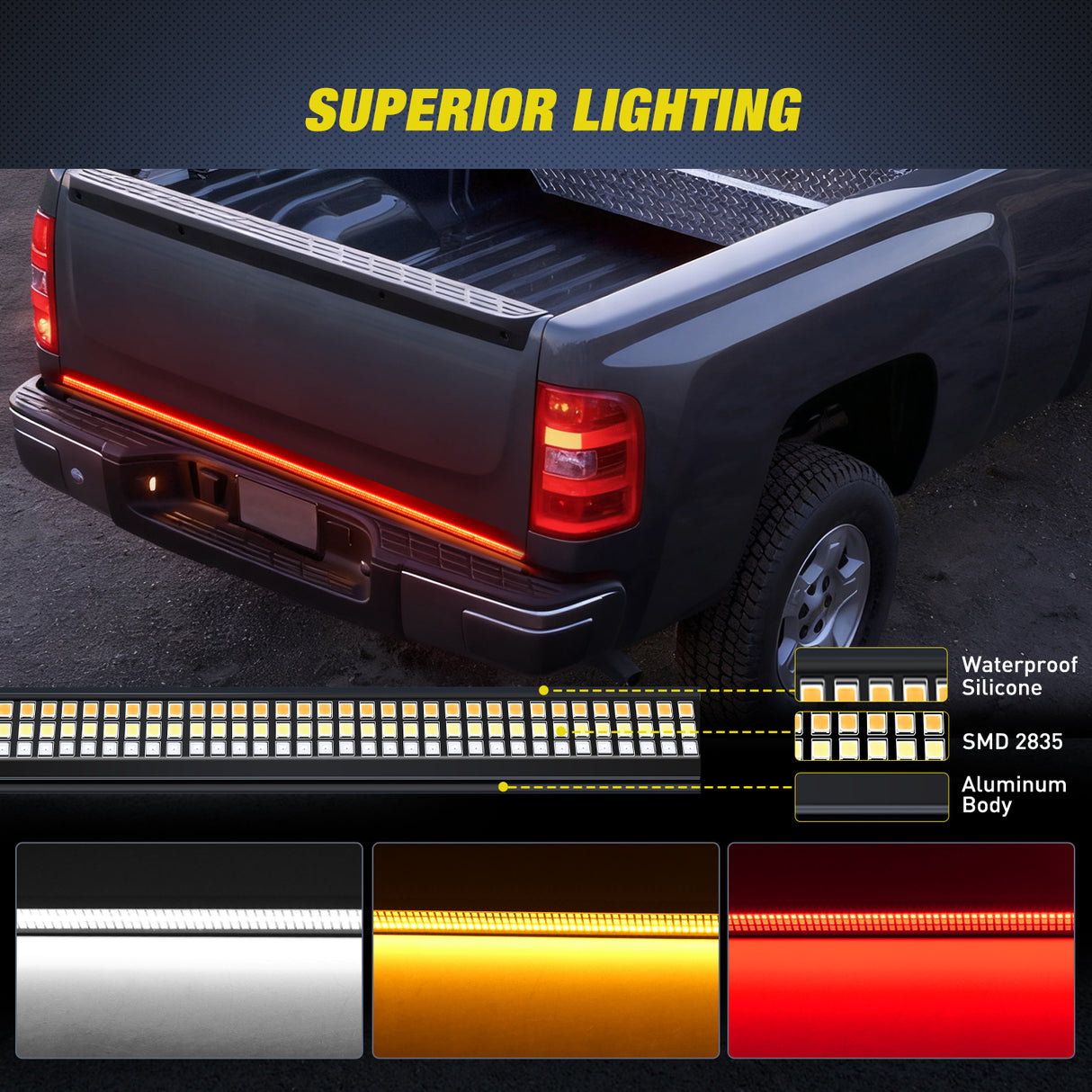 60 Inch Aluminum Frame Triple Row 1200 Leds Red White Amber Light Strip