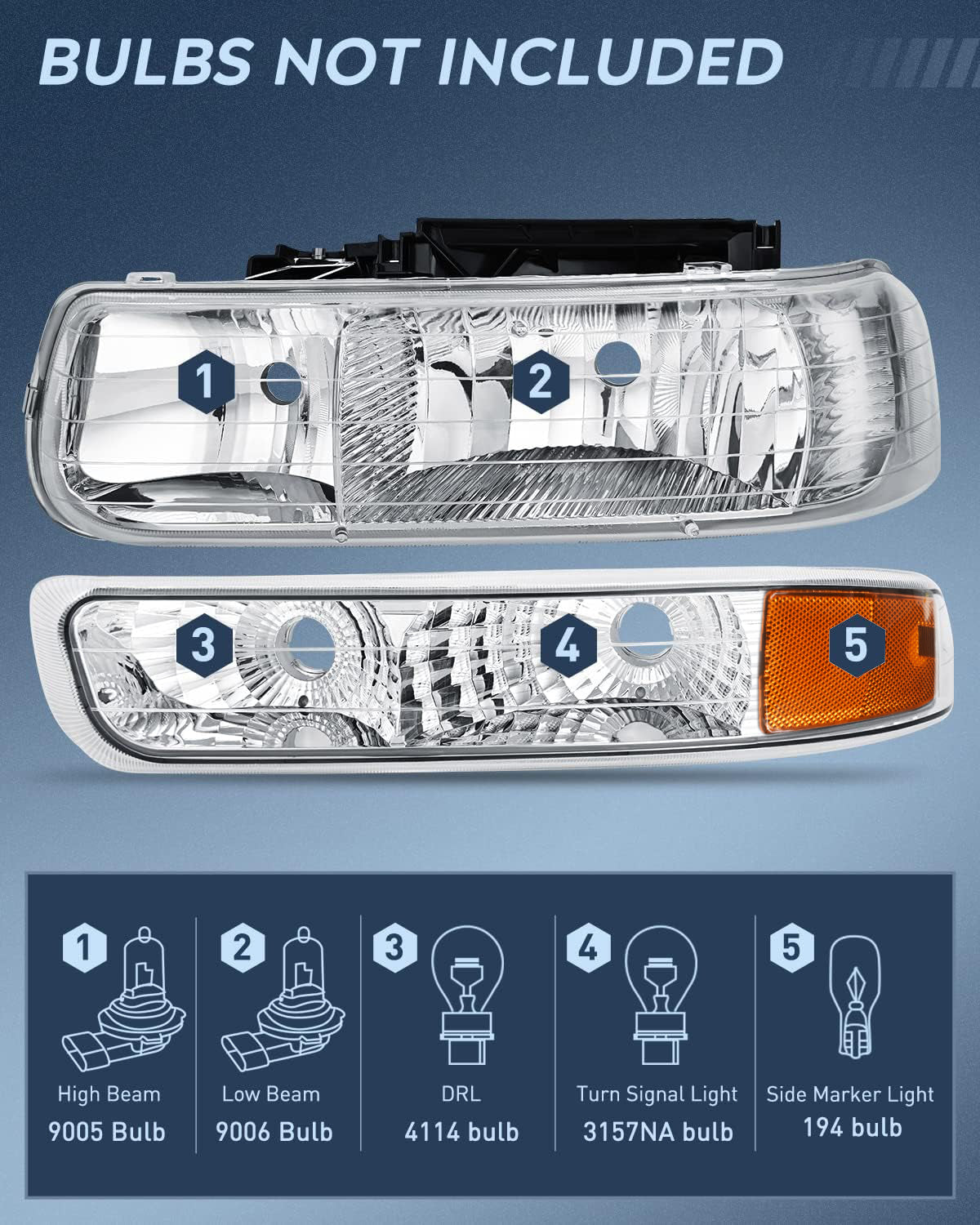 Nilight Headlight and Taillight Assembly Combo Compatible with 1999 2000 2001 2002 Chevy Silverado 1500 2500 1500HD 2500HD 3500 OE Style Chrome Housing Amber Reflector Smoke