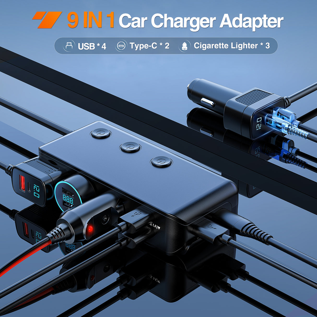 Nilight 9 in 1 Cigarette Lighter Adapter Splitter 3 Sockets PD 65W and QC3.0 18W Ports with Independent Switches LED Voltage Display for 12V 24V Cars SUV Van Truck Jeep Camper