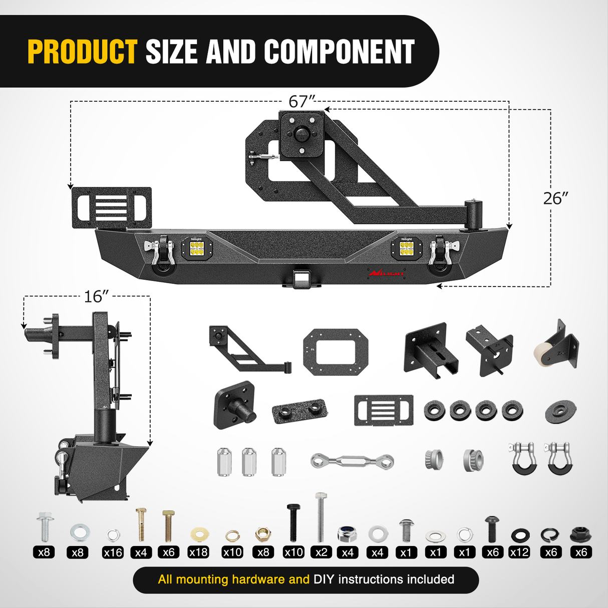 Front Bumper 2018 2019 2020 2021 2022 2023 2024 Jeep Wrangler JL JLU Unlimited (2/4 Doors) Rear Bumper Spare Tire Carrier 2inch Hitch Receiver License Plate Bracket 2 LED Lights D-rings