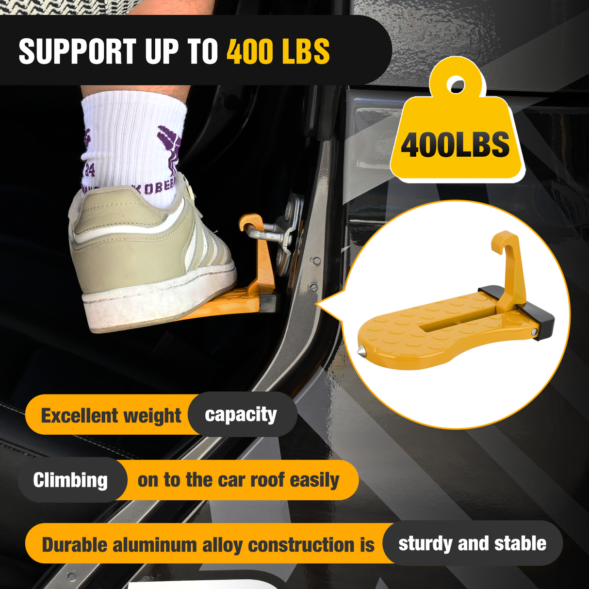 Nilight Car Door Step for Roof Access Universal Car Step Hook for Roof SUV Trucks Folding Aluminum Alloy Vehicle Door Latch Step Pedal With Glass Breaker Safety Hammer, Max Load 400lbs, 2 Pack Yellow