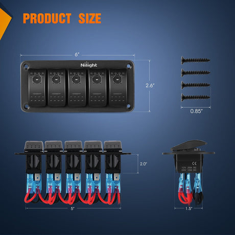 Rocker Switch 5Gang Aluminum 5Pin ON/Off Rocker Switch Panel Purple