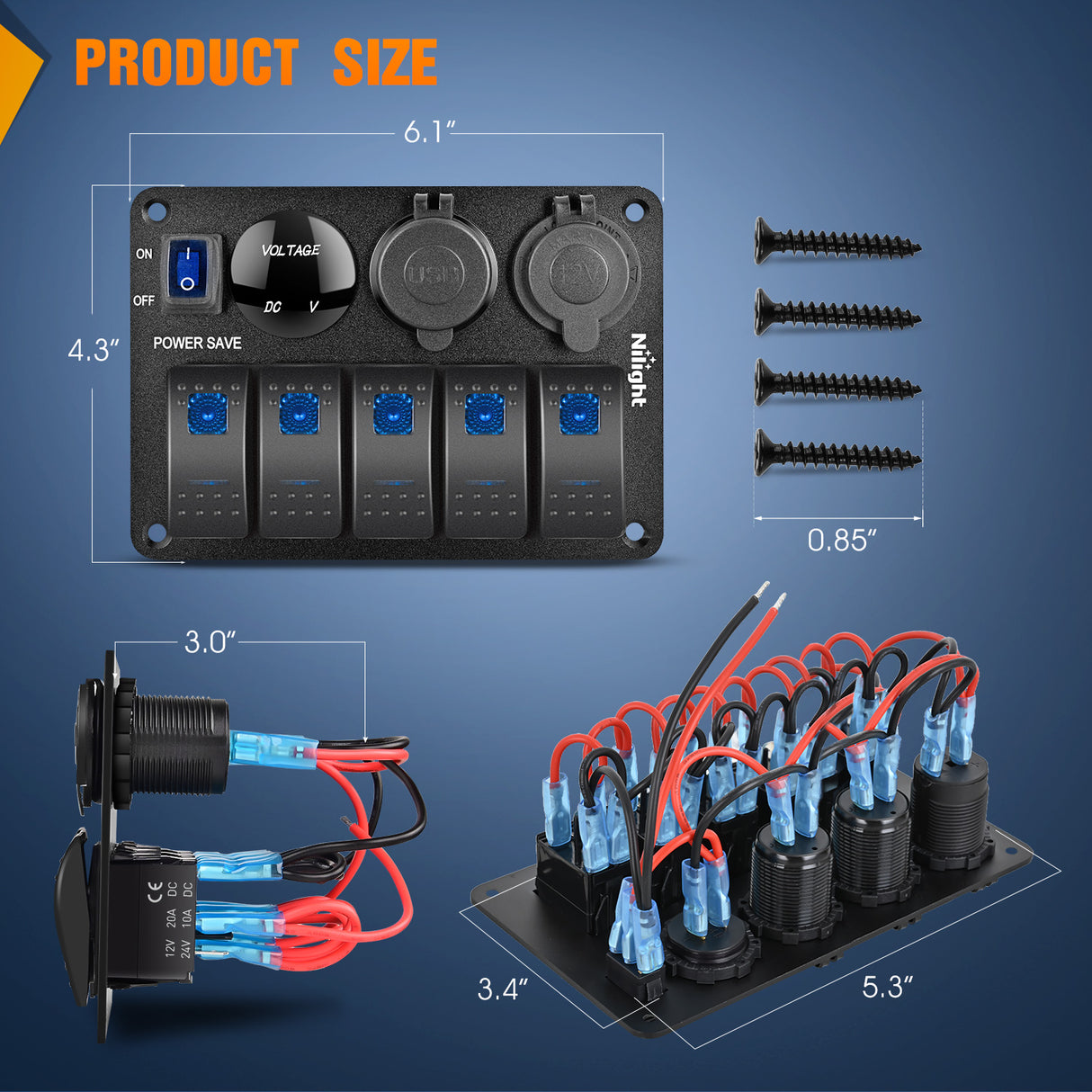 Nilight 5 Gang Rocker Switch Panel Waterproof Pre-Wired Aluminum Power Control Marine Panels with PD Type C and USB Cigarette Lighter Socket Voltmeter 12V 24V ON Off Switches for Car Trucks Boats RVs