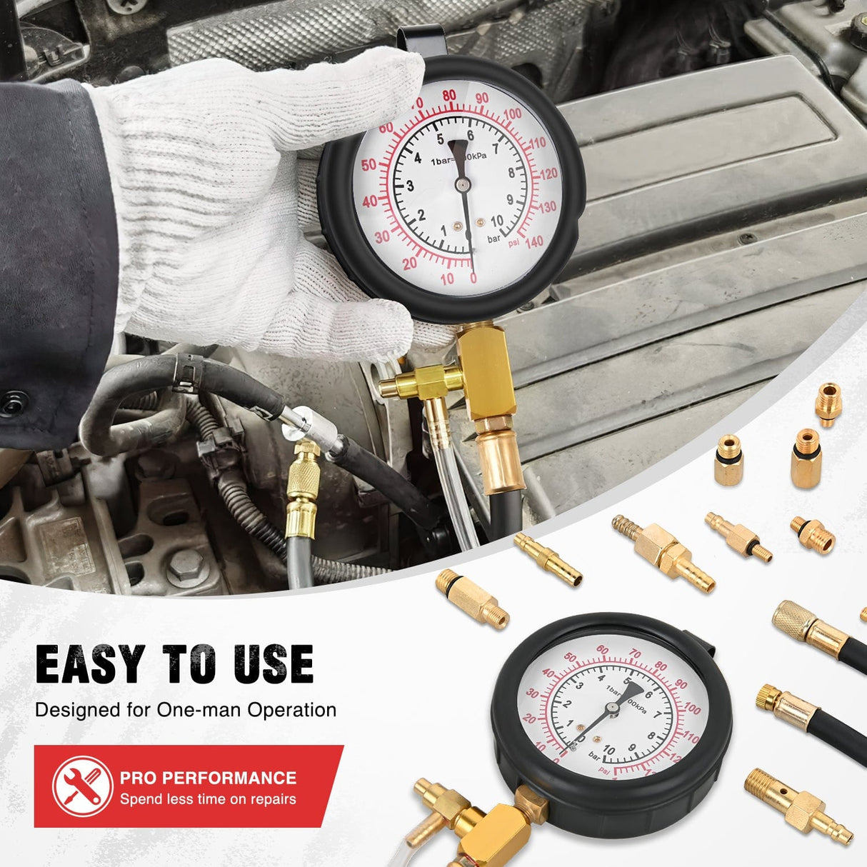 inflator 48 pcs 0-140 PSI Fuel PSI Fuel Injection Pump Pressure Gauge Petrol Engine Diagnostic Tester Kit