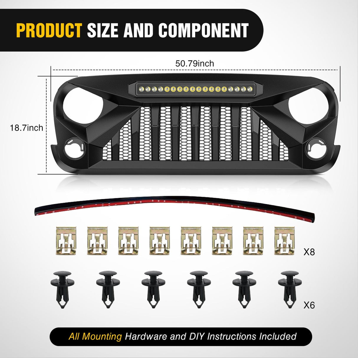 Front Bumper Front Bumper Grill Cover for 2007 2008 2009 2010 2011 2012 2013 2014 2015 2016 2017 2018 Wrangler JK/JKU Rubicon, & Sahara Sport with LED Work Light Pods Matte Black
