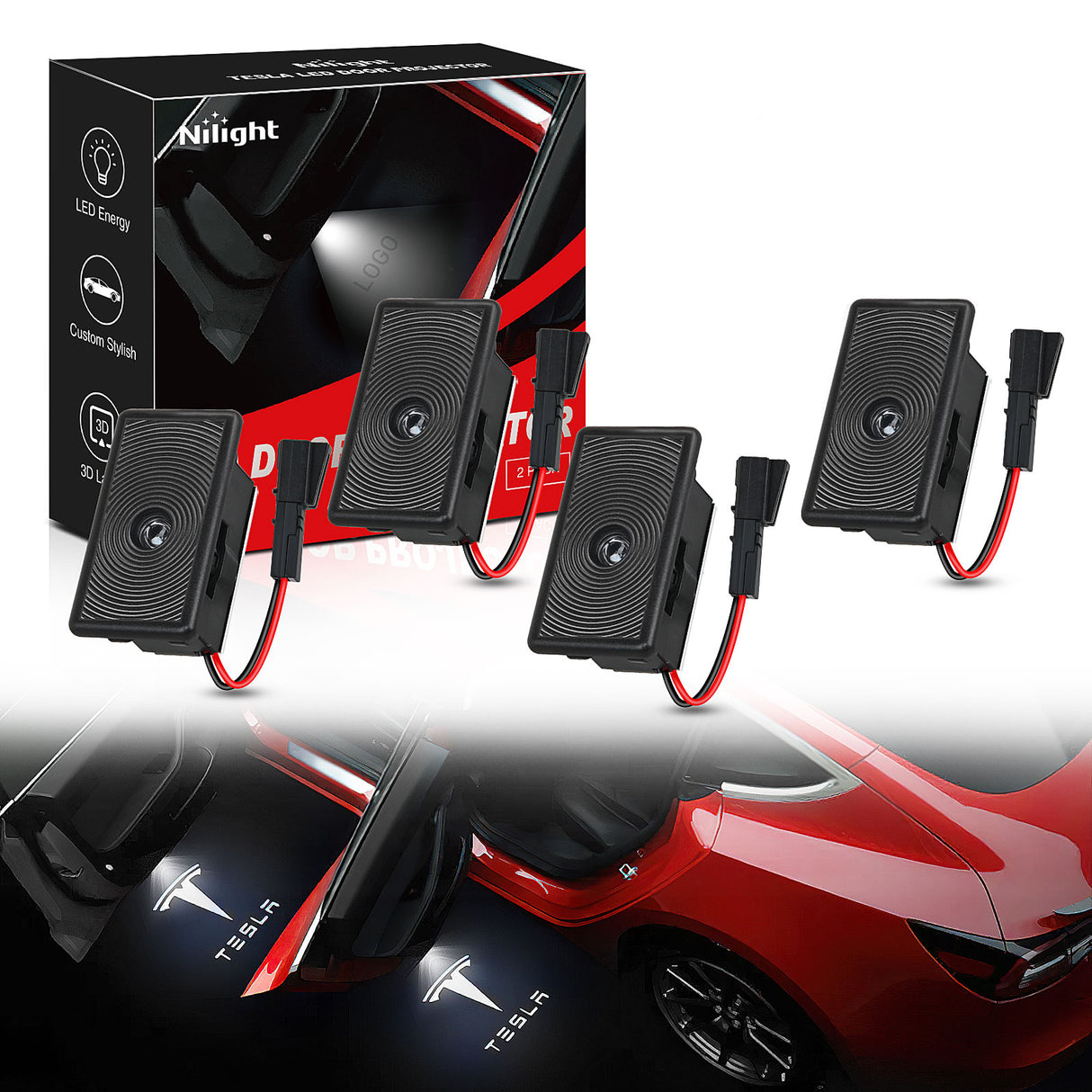 Nilight Door Projector Puddle Lights Compatible with Tesla Model 3/Y/S/X, Welcome Courtesy Step Door Interior Lamps Super Bright, 4-Pack