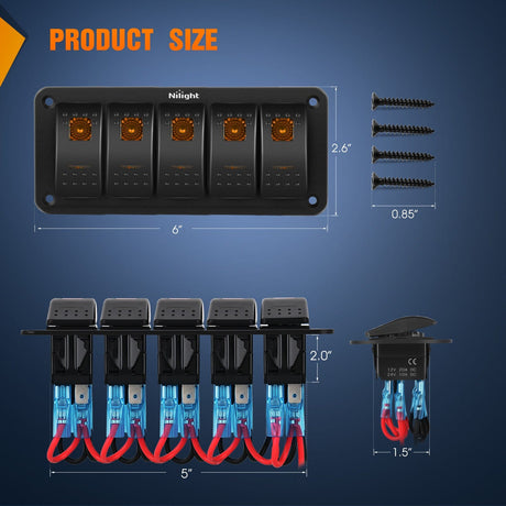 Rocker Switch 5Gang Aluminum 5Pin ON/Off Rocker Switch Panel Orange