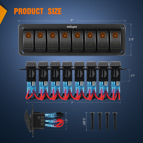 Rocker Switch 8Gang Aluminum 5Pin ON/Off Rocker Switch Panel Orange