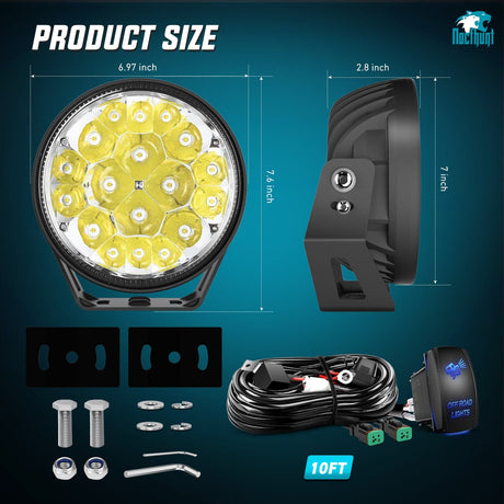 LED Light Bar 7Inch 90W Round Offroad Light with Yellow Black Covers Hyper Spot Beam Work Light (Pair) | 14 AWG DT Connector Wiring Harness Kit