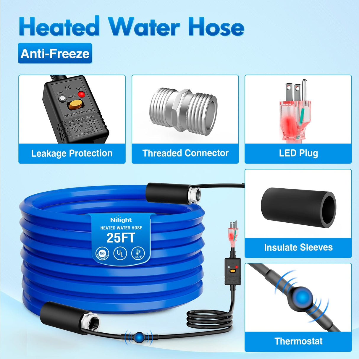 RV Parts 25FT Heated Water Hose RV 5/8inch Inside Diameter -45°F Freeze Protaction Antifreeze Garden Drinking Hoses with Saving Thermostat and Smart Heat System for Winter Camper Supply Accessories