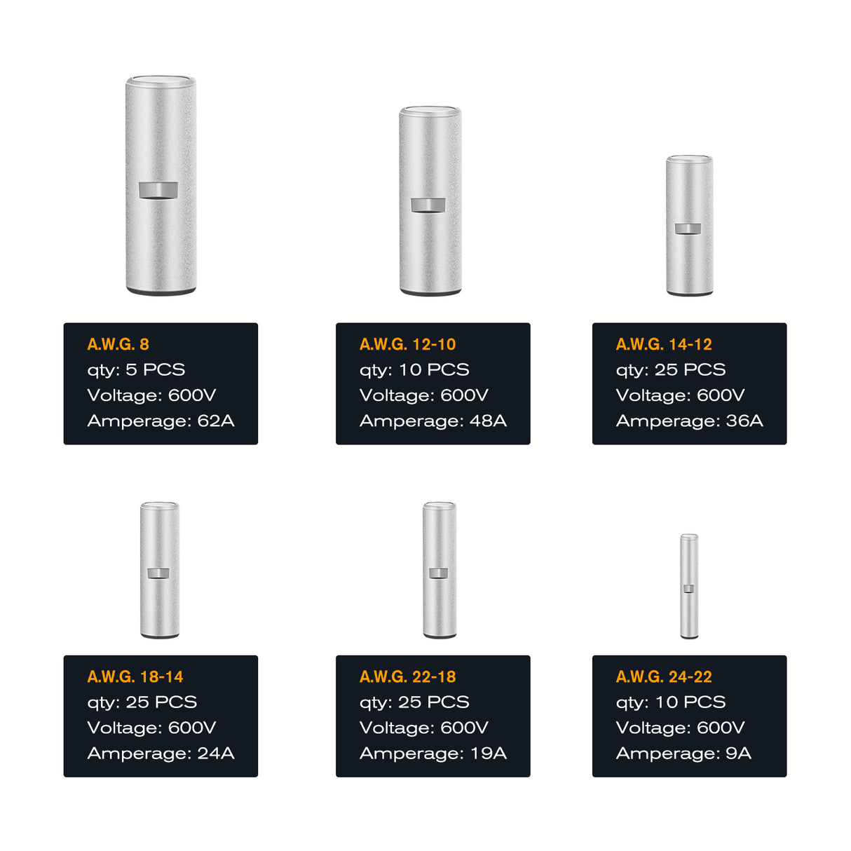 Nilight 100PCS Non Insulated Butt Connectors Kit AWG 24-8 Uninsulated Crimp Butt Connectors Pure Copper Tin Coated Crimp Terminals for Motorcycle Motorbike Car Truck Boats