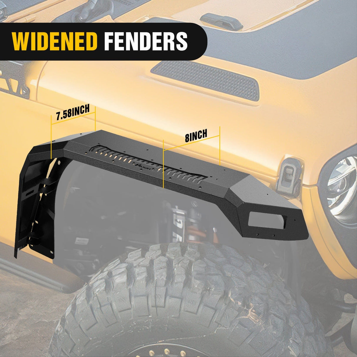 Fender 2018 2019 2020 2021 2022 2023 2024 2025 Jeep Wrangler JL & JLU Unlimited 2/4Doors (No fit 2020+ Gladiator JT) Wide Flat Front Fender Flares w/LED Lights Turn Signal Lights DRL