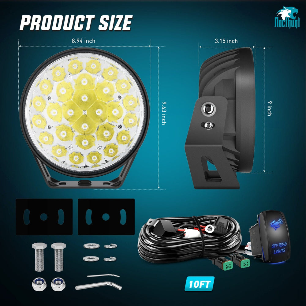 LED Light Bar 9Inch 140W Round Offroad Light with Yellow Black Covers Hyper Spot Beam Work Light (Pair) | 12 AWG DT Connector Wiring Harness Kit
