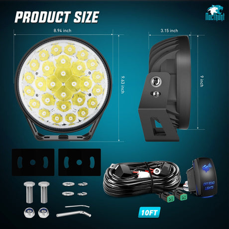 LED Light Bar 9Inch 140W Round Offroad Light with Yellow Black Covers Hyper Spot Beam Work Light (Pair) | 12 AWG DT Connector Wiring Harness Kit