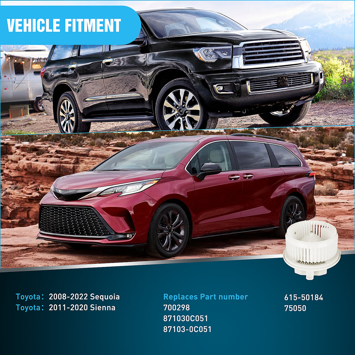 Nilight HVAC Heater Blower Motor Fit for Toyota Sequoia 2008 2009 2010 2011 2012 2013 2014 2015 2016 2017 2018 2019 2020 2021 2022, Sienna 11-20 Front Side, Replace# 87103-0C051 700298 75050