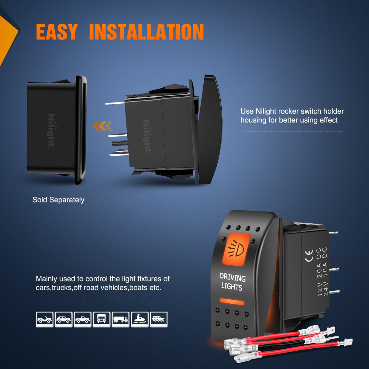 Nilight UTV Driving Lights Rocker Switch On Off 5 PIN SPST LED Light Bar Switches with Orange Backlit 12V 24V Toggle with Jumper Wires Set for ATVs UTVs Cars Trucks RVs