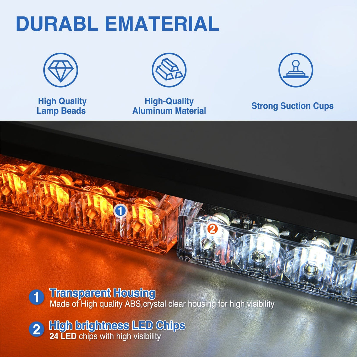 Led Strobe Light 24LED Emergency Strobe Traffic Advisor Light Bar 2 in 1 Amber White Dash Warning Safety Flashing Lights Front/Rear Windshield Construction Lights for Trucks Cars Plow Police Vehicles