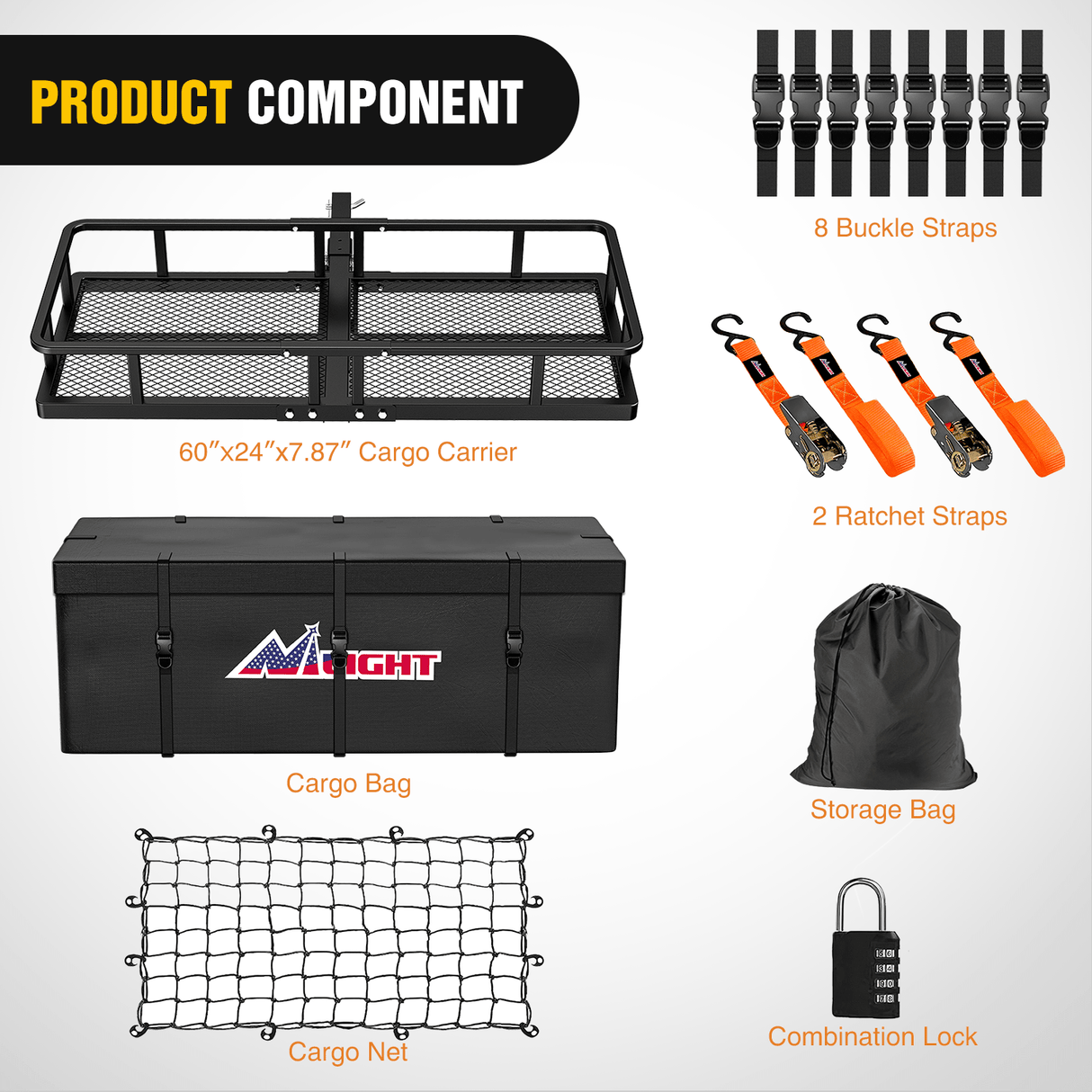 Cargo Carrier 60 x 24 x 7.87 Inch Hitch Cargo Carrier Fits 2-Inch Receiver With Waterproof Cargo Bag Cargo Net Ratchet Straps