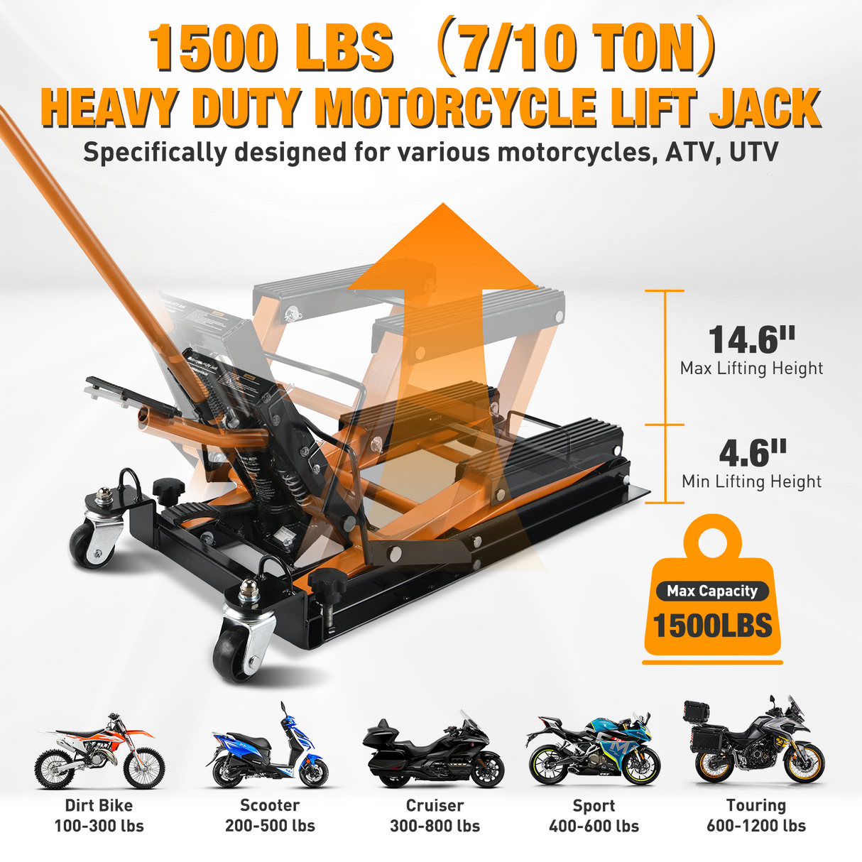 Motorcycle Lift Jack 1500 LBS Hydraulic Lifts ATV Scissor Jacks with Wheel Foot Pedal Handle Ratchet Belt Heavy Duty Lifter Stand Hoist Table for Dirt Bike Garage Storage Repair Tool,Orange