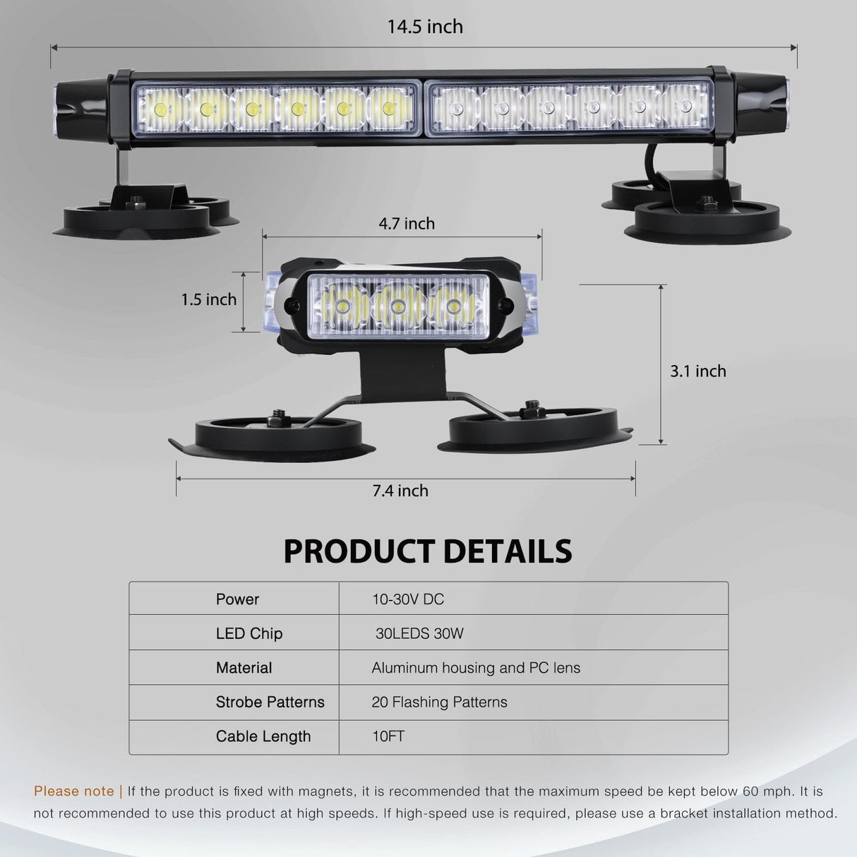 LED Light Bar 14.5 Inch 30LED Strobe Light Bar Double Side Rooftop Emergency Flashing Lights Amber White Safety Warning Hazard Light Bars with Magnetic Base for Construction Vehicles Plow Trucks Pickup