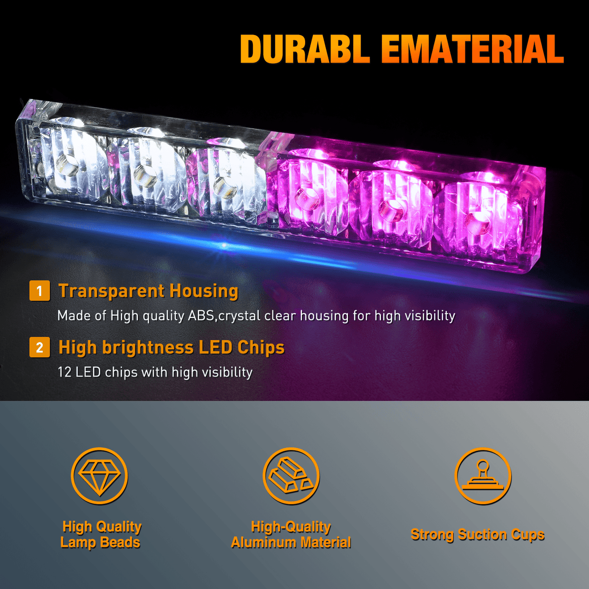 Led Strobe Light 12LED Emergency Strobe Traffic Advisor Light Bar 2 in 1 Purple White Dash Warning Safety Flashing Lights Front/Rear Windshield Construction Lights for Trucks Cars Plow Police Vehicles