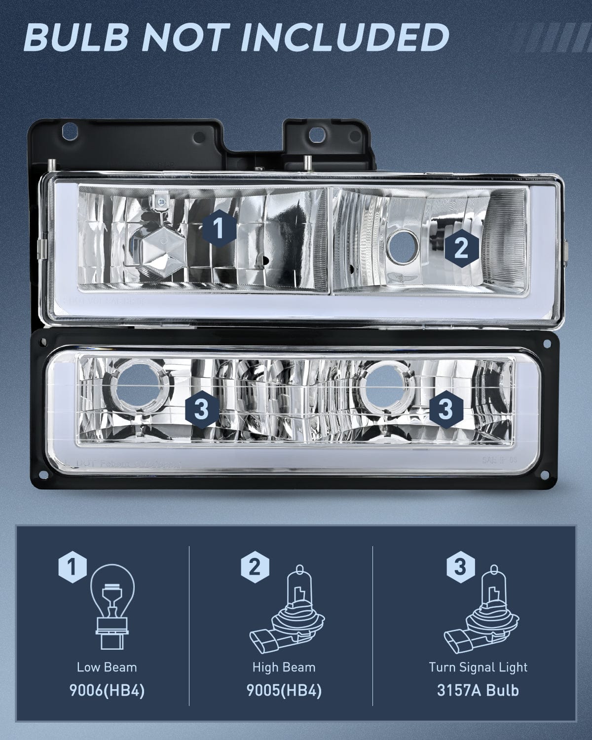 Headlight Assembly 1988 1989 1990 1991 1992 1993 1994 1995 1996 1997 Chevrolet GMC C10 C/K 1988-1999 Silverado Suburban Sierra Blazer Tahoe Yukon DRL Headlight Assembly Chrome Case