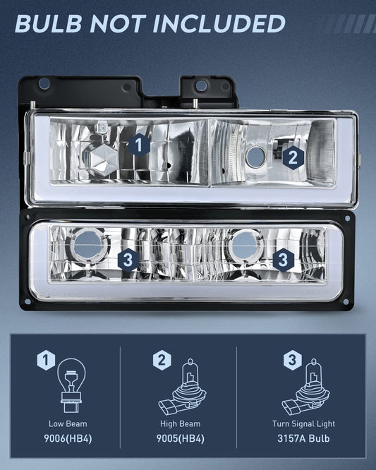 Headlight Assembly 1988 1989 1990 1991 1992 1993 1994 1995 1996 1997 Chevrolet GMC C10 C/K 1988-1999 Silverado Suburban Sierra Blazer Tahoe Yukon DRL Headlight Assembly Chrome Case