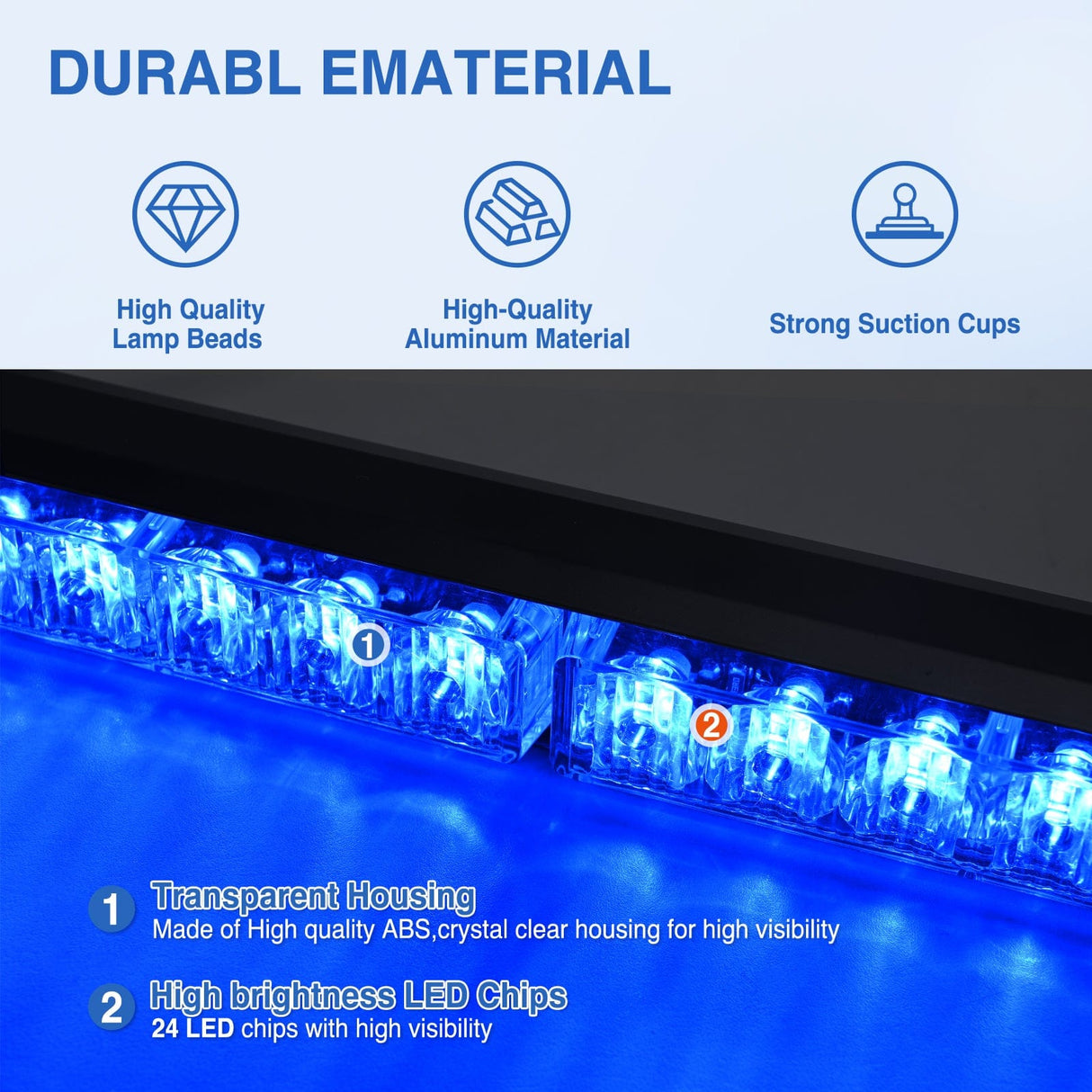 Led Strobe Light 24LED Emergency Strobe Traffic Advisor Light Bar 2 in 1 Blue Dash Warning Safety Flashing Lights Front/Rear Windshield Construction Lights for Trucks Cars Plow Police Firefighter Vehicles