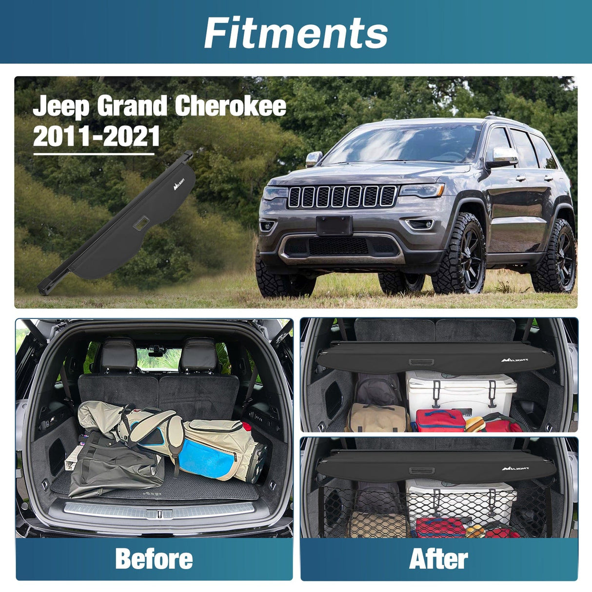 Trunk Cargo Cover Trunk Cargo Cover with Storage Net for Jeep Grand Cherokee Accessories 2011-2021