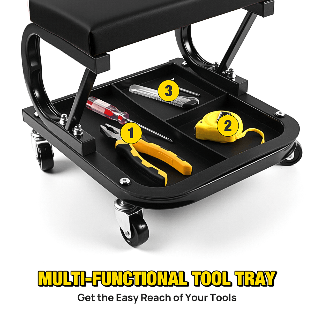 Creeper Seat 260 LBS Capacity Black Rolling Mechanic Padded Seat with Tool Tray Storage