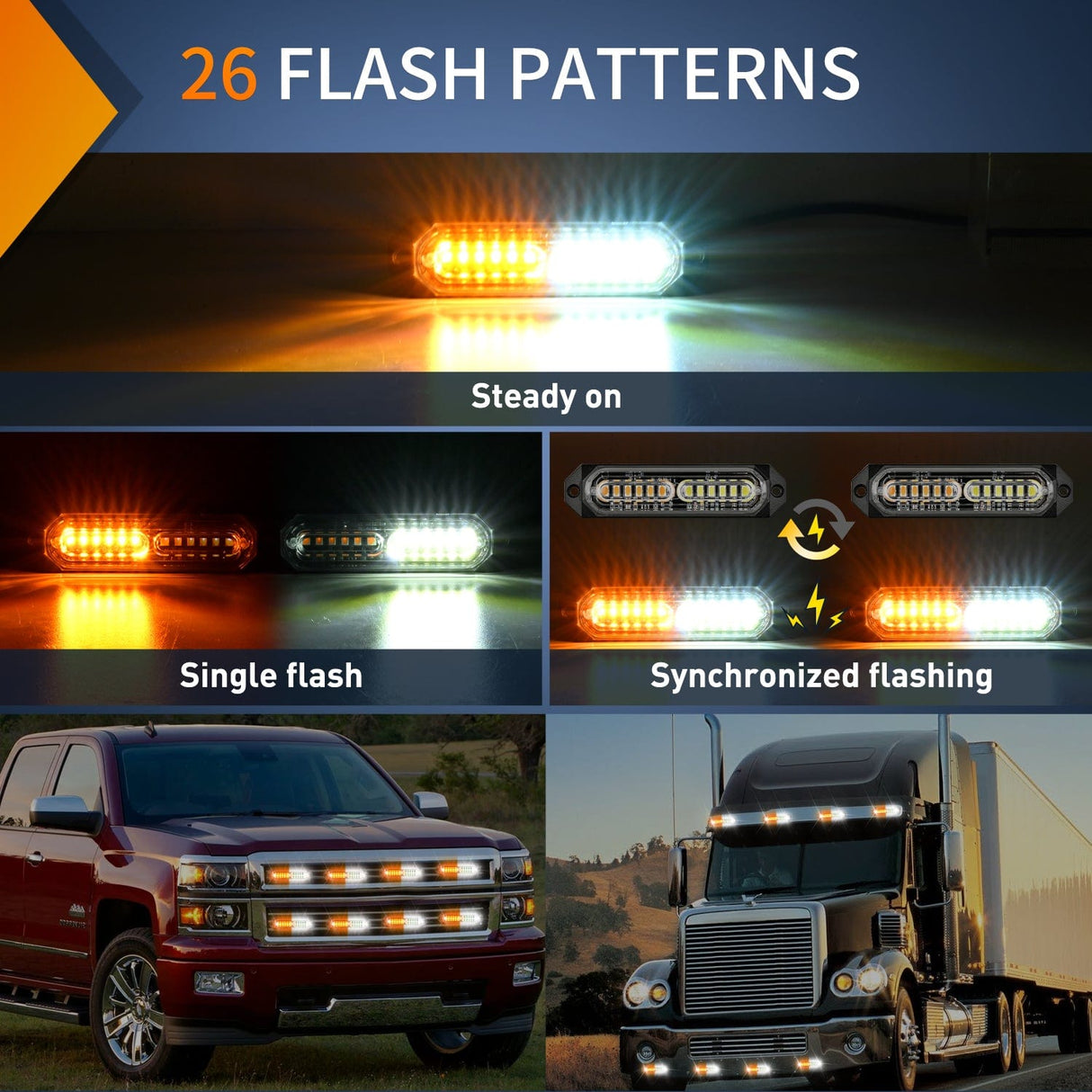 Surface Mount Strobe Lights 8PCS 12LED Amber White Emergency Strobe Lights