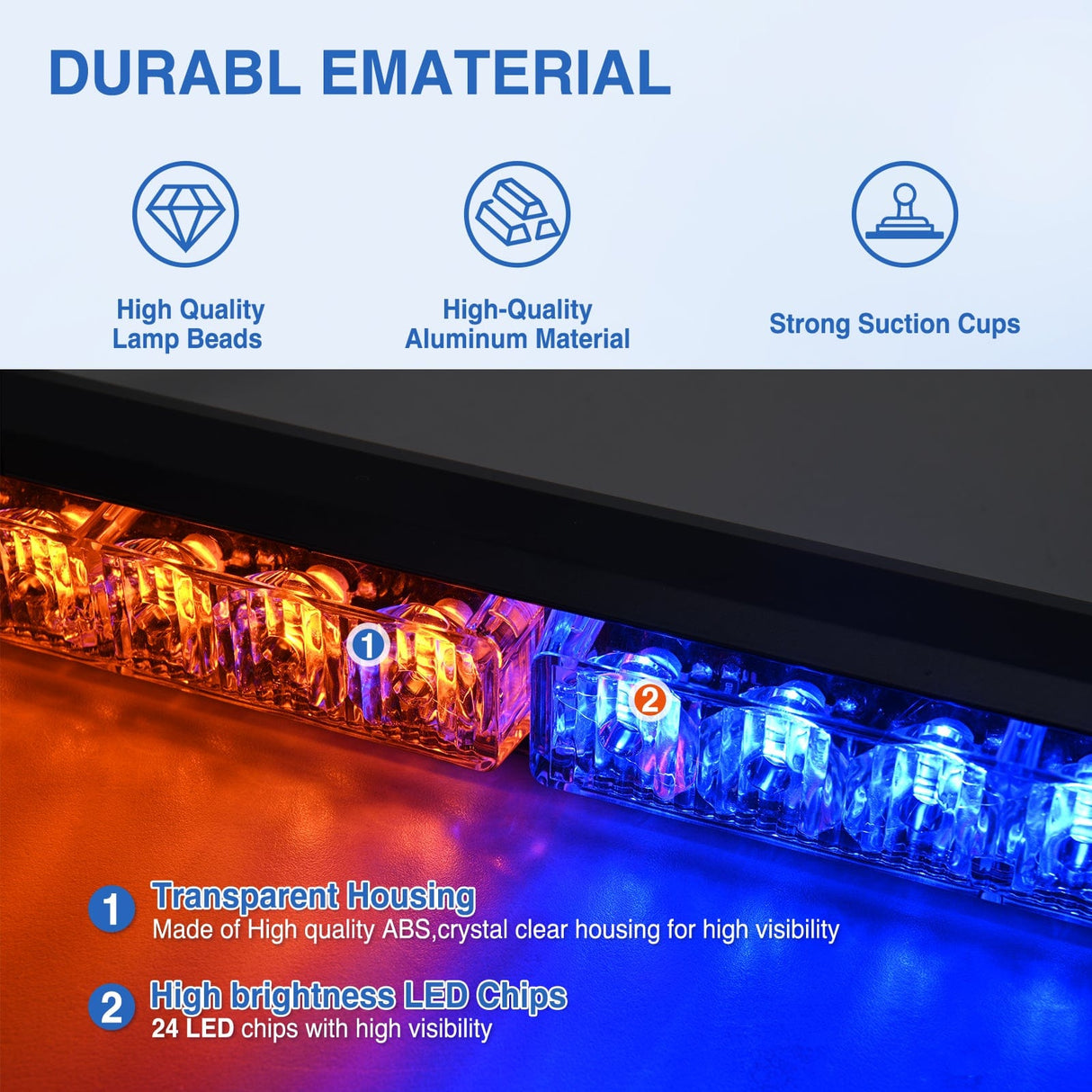 Led Strobe Light 24LED Emergency Strobe Traffic Advisor Light Bar 2 in 1 Amber Blue Dash Warning Safety Flashing Lights Front/Rear Windshield Construction Lights for Trucks Cars Plow Police Vehicles