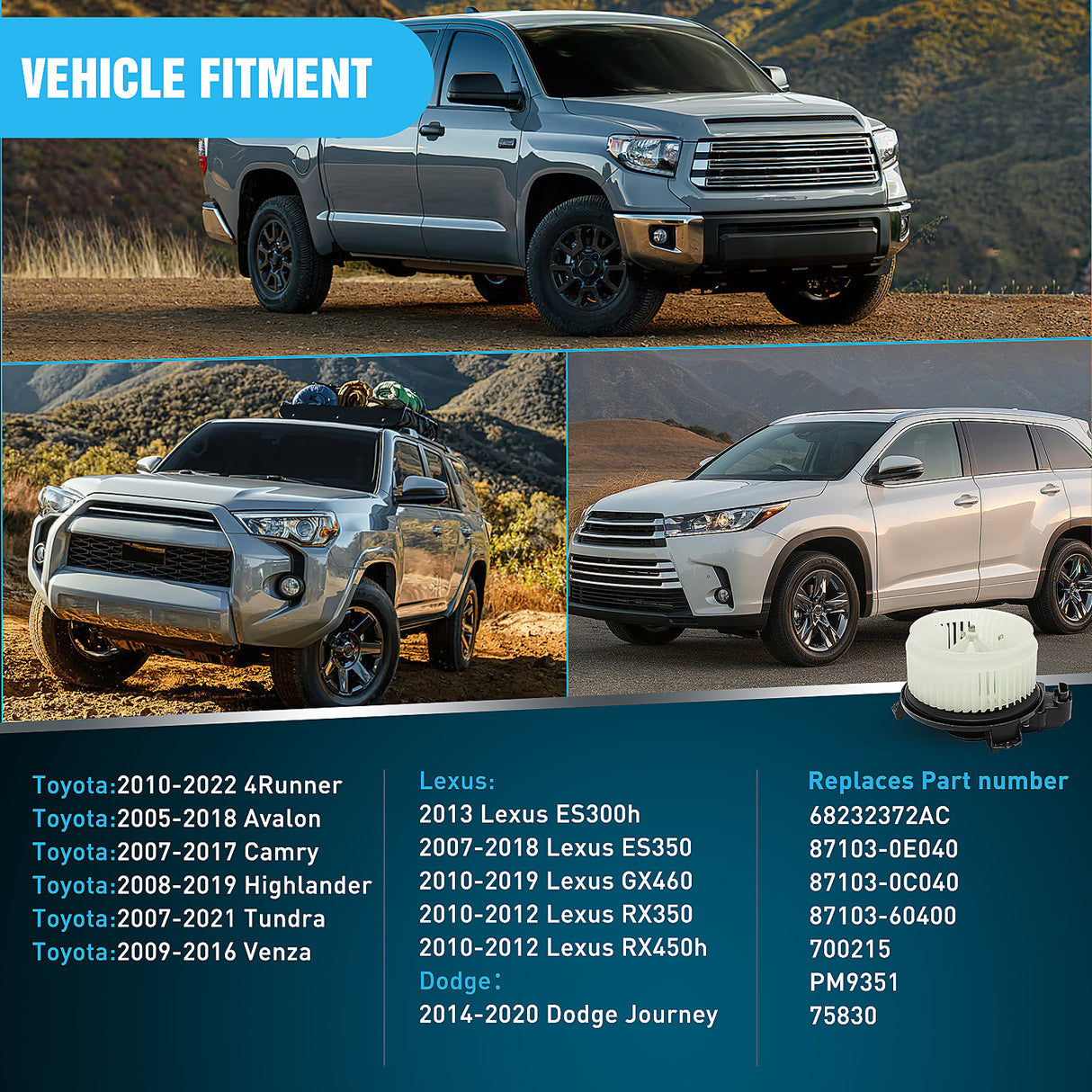 Nilight HVAC Heater Blower Motor Fit for Toyota 4Runner Avalon Camry Highlander Tundra Venza, Lexus ES300h ES350 GX460 RX350 RX450h, Dodge Journey 2014-2020, 68232372AC, 87103-0E040, 87103-60400