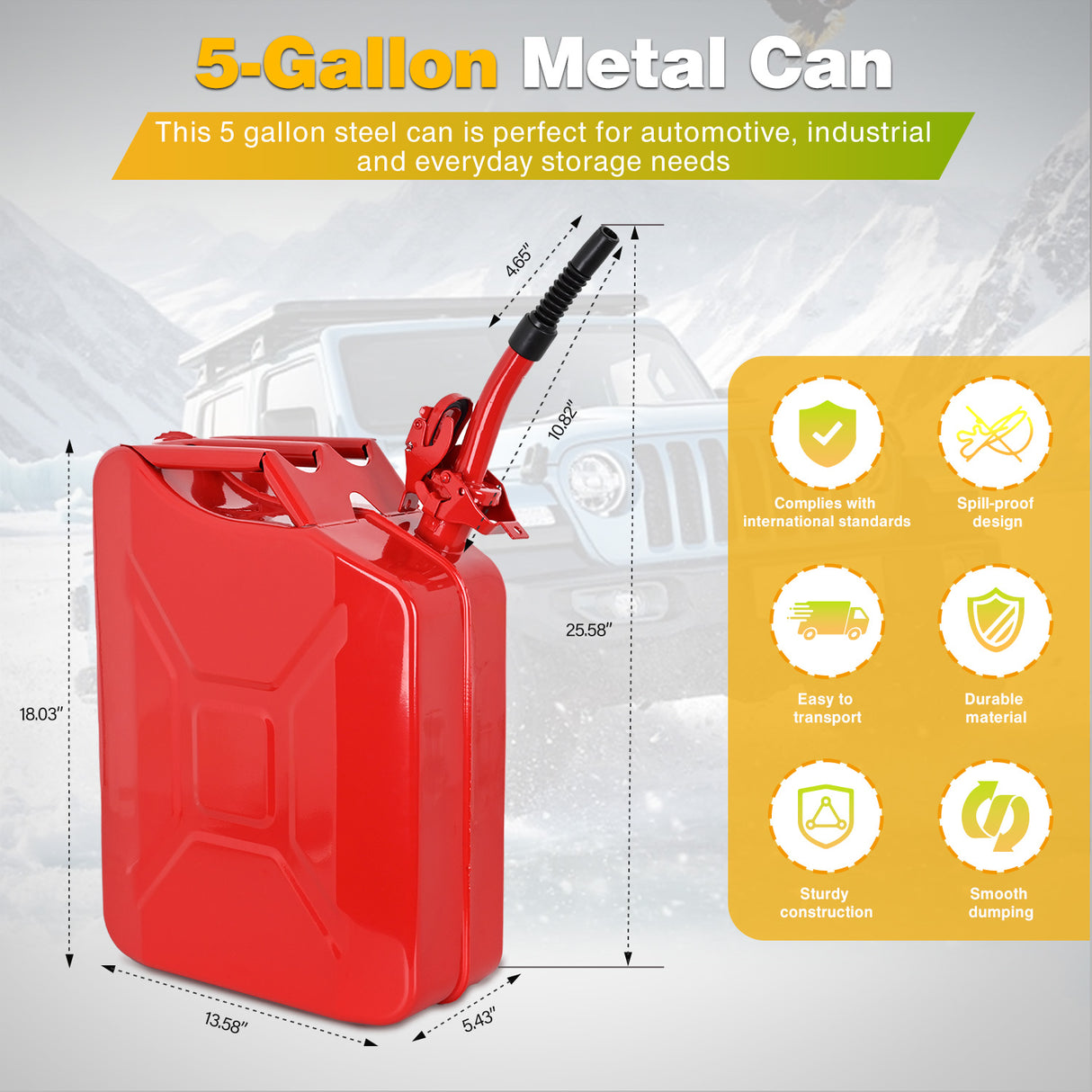 Gas Can Metal Gas Can 5 Gallon with Spout System and Handle, 20 Litre Metal Container for Gasoline Trucks Cars ATV Motorcycle Equipment, No Spill Steel Safety Gas Fuel Cans Red, 1 Pack