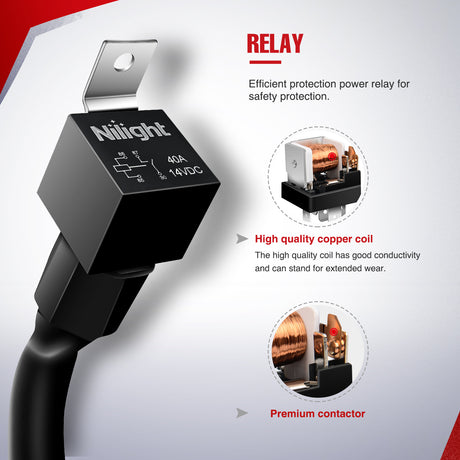 Nilight Wiring Harness Kit Nylon 12 AWG 1 Lead 12V 5Pin Rocker Switch Laser On Off Power Relay Blade Fuse for LED Light Bar Off Road Lights on Cars Jeep Boat Trucks