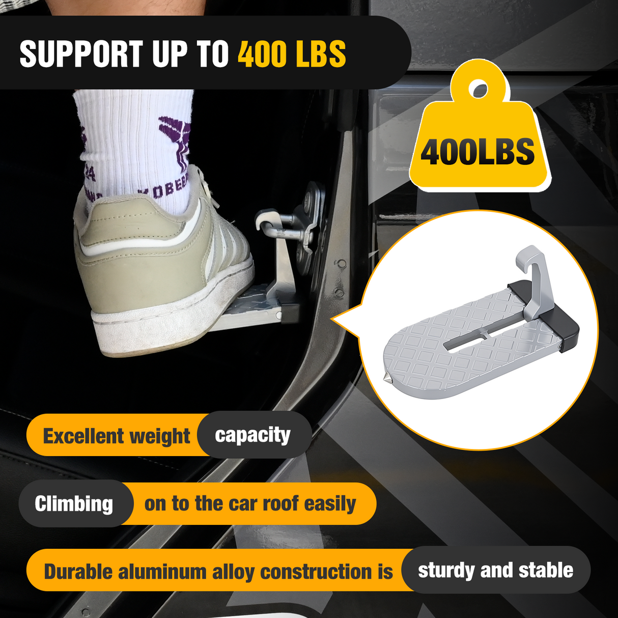 Nilight Car Door Step for Roof Access Universal Car Step Hook for Roof SUV Trucks Folding Aluminum Alloy Vehicle Door Latch Step Pedal With Glass Breaker Safety Hammer, Max Load 400lbs, 2 Pack Gray