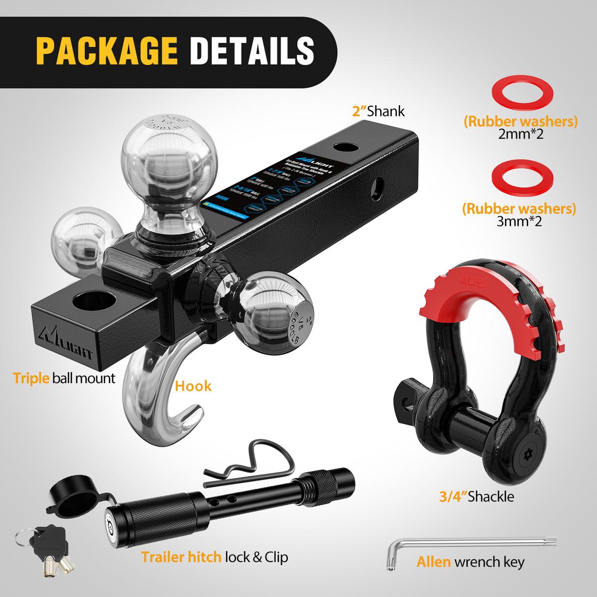 Trailer Hitch Tri-Ball Mount with Hook and Rotatable Tow Anti-Theft 3/4Inch Shackle Fits for 2inch Receiver Ball Size 1-7/8Inch 2Inch 2-5/16Inch GTW from 5000lbs to 10000lbs for RV SUV ATV Truck