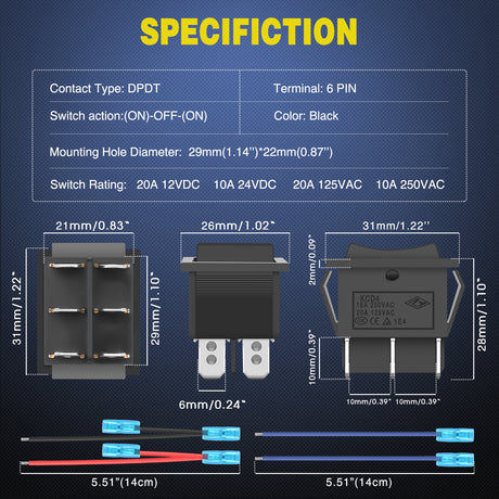 Nilight 6Pin Momentary Polarity Reverse Switch On Off On DPDT 3 Position 20A 12VDC 125VAC Motor Control Automatic Reset for Boat Automotive RV Jack Power Toggle w/Jumper Wire