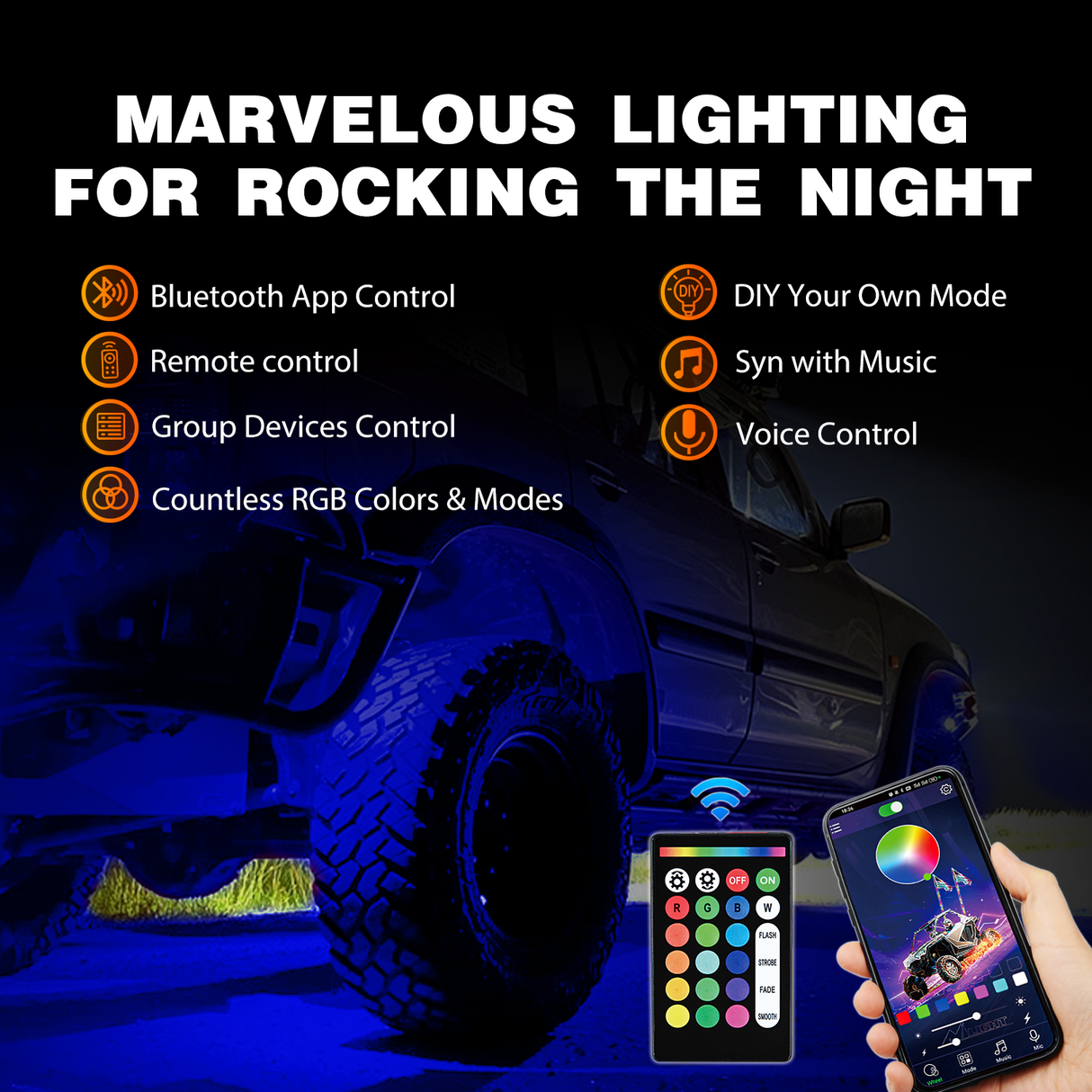 RGB Rock Lights RGB LED Rock Lights Kit 10 Pods Underglow Multicolor Neon Pod with Remote & Bluetooth App Control DIY Flashing Music Mode Wheel Well Light for Truck ATV UTV RZR SUV
