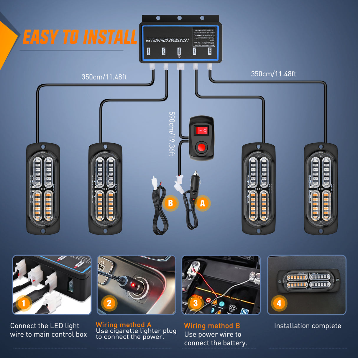 Nilight 4PCS LED Strobe lights 12V 24V Sync Feature Amber Green 24LED Emergency Hazard Warning Lights with Controller Hard Wire or Cigarette Lighter Plug for Car Truck RVs Campers