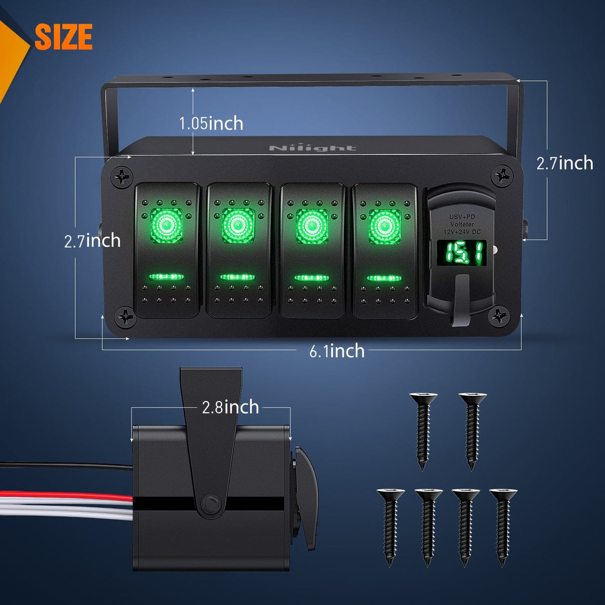 Rocker Switch 4Gang Aluminum ON/Off Rocker Switch Box w/ QC 3.0 Dual USB Charger Voltmeter with Green Backlit
