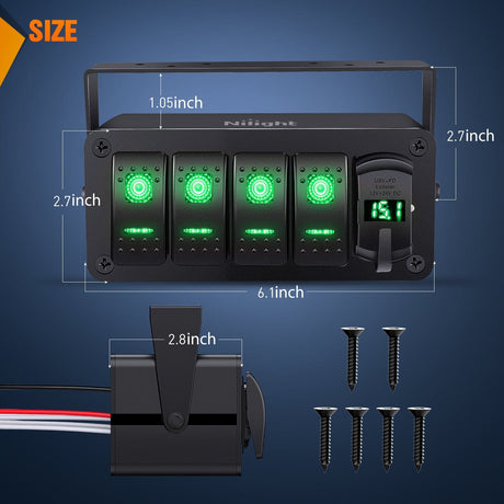 Rocker Switch 4Gang Aluminum ON/Off Rocker Switch Box w/ QC 3.0 Dual USB Charger Voltmeter with Green Backlit